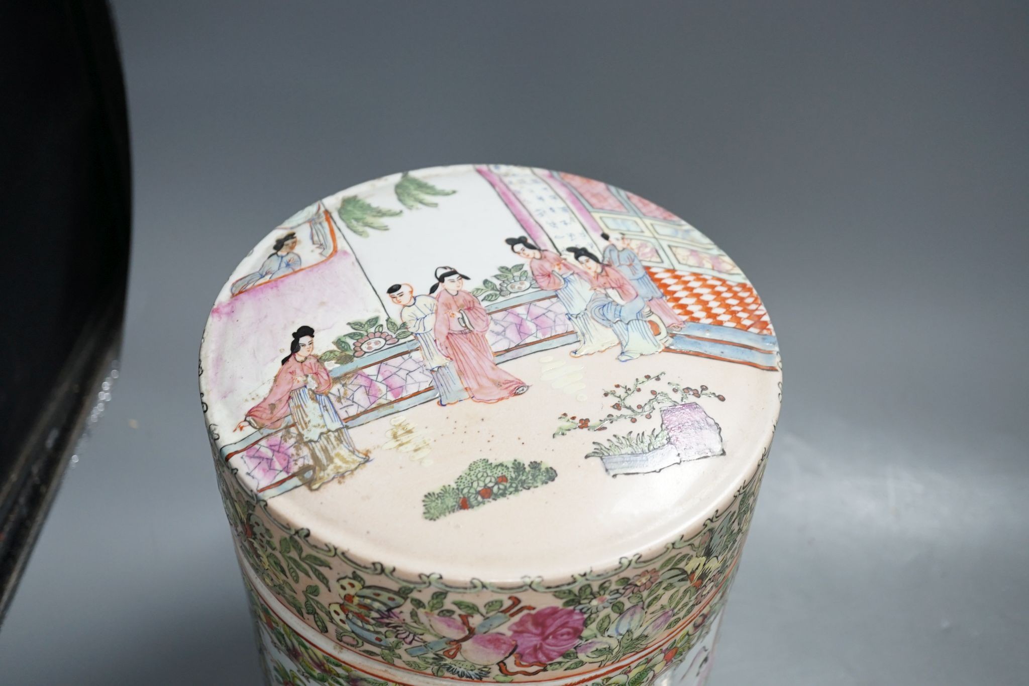 A large Canton famille rose jar and cover, 26cm high, and other related tableware